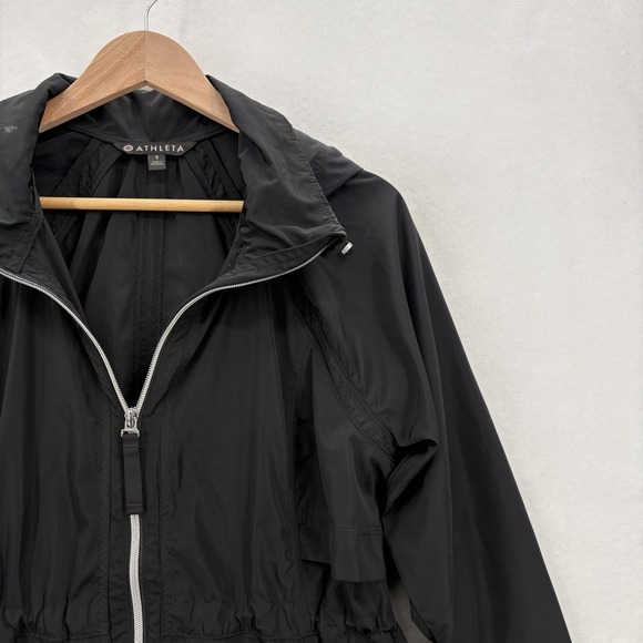 Athleta Endless Rain Jacket Womens Small Black Hooded Long Windbreaker Full Zip - Picture 2 of 15